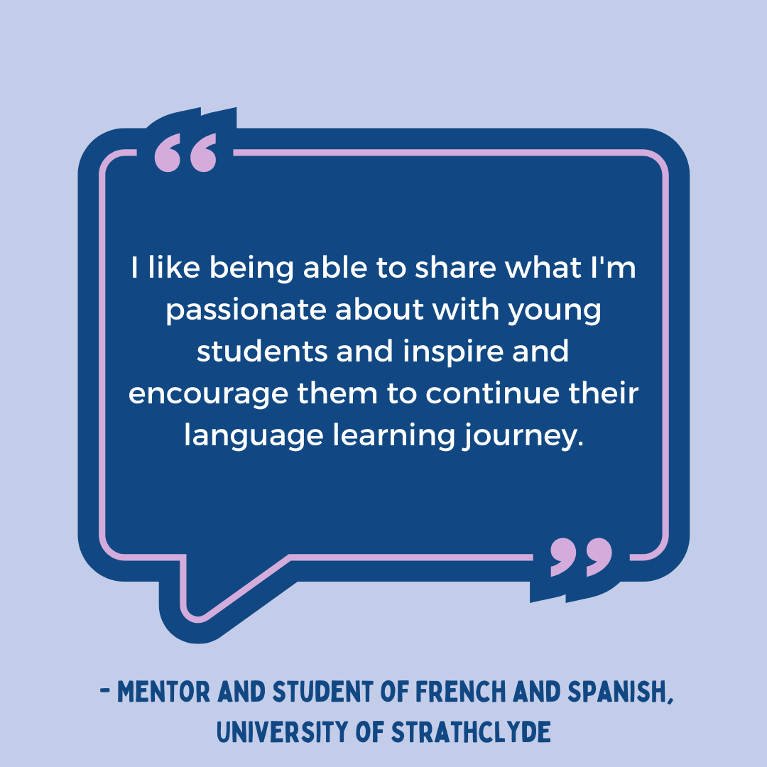 Text in image reads: I like being able to share what I'm passionate about with young students and inspire and encourage them to continue their language learning journey.